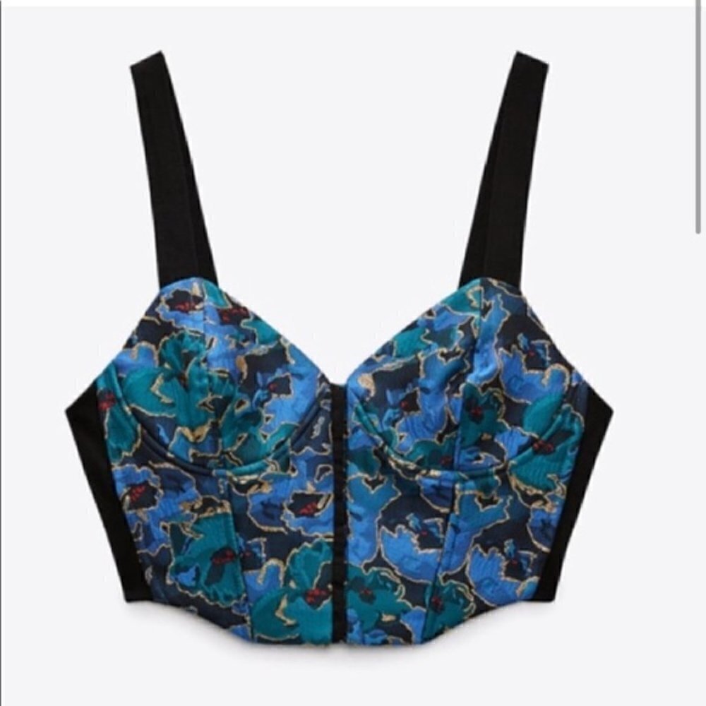 Zara Jacquard Bustier Blue‎ & Black Printed Crop Top S
